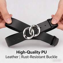 Y2K 双环扣宽腰带 黑色亮面 PU 皮革 辣妹风束腰带 - 雙圈 - 查看 4