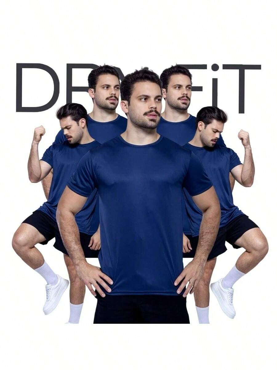 Kit 5 Camiseta Masculina Dry Fit Academia Treino Corrida Ciclismo Básica Blusa Lisa Camisa Malhar Dia A Dia - Azul Marinho - Visão 1