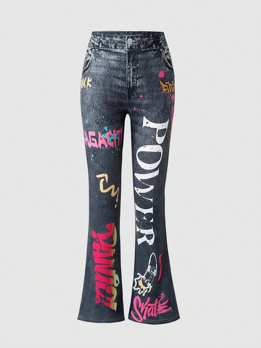 Tween Girls Denim Effect Print Flared Graffiti Letter Casual Comfortable Leggings - Multicolor - View 1