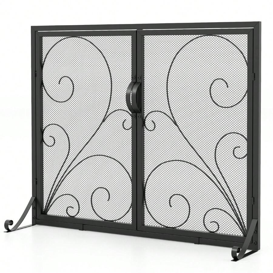 COSTWAY Double Door Fireplace Screen, 38 X 31 Inch Flat Fire Guard Screen W/ Magnetic Panels, Stable Support Rear & Front Brackets, Appealing Decorative Metal Fireplace Fence For Living Room, Black - one-size - View 1