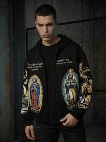 Mens Fashion Versatile Zip Up Hoodie With Virgin Mary Graphic And Letter Print Design Stylish Outerwear Perfect Gift Choice For Loved Ones Family And Friends, Back To School Outfits,Graduation,Teacher Outfits For Women,Back To School - 黑色 - 查看 7