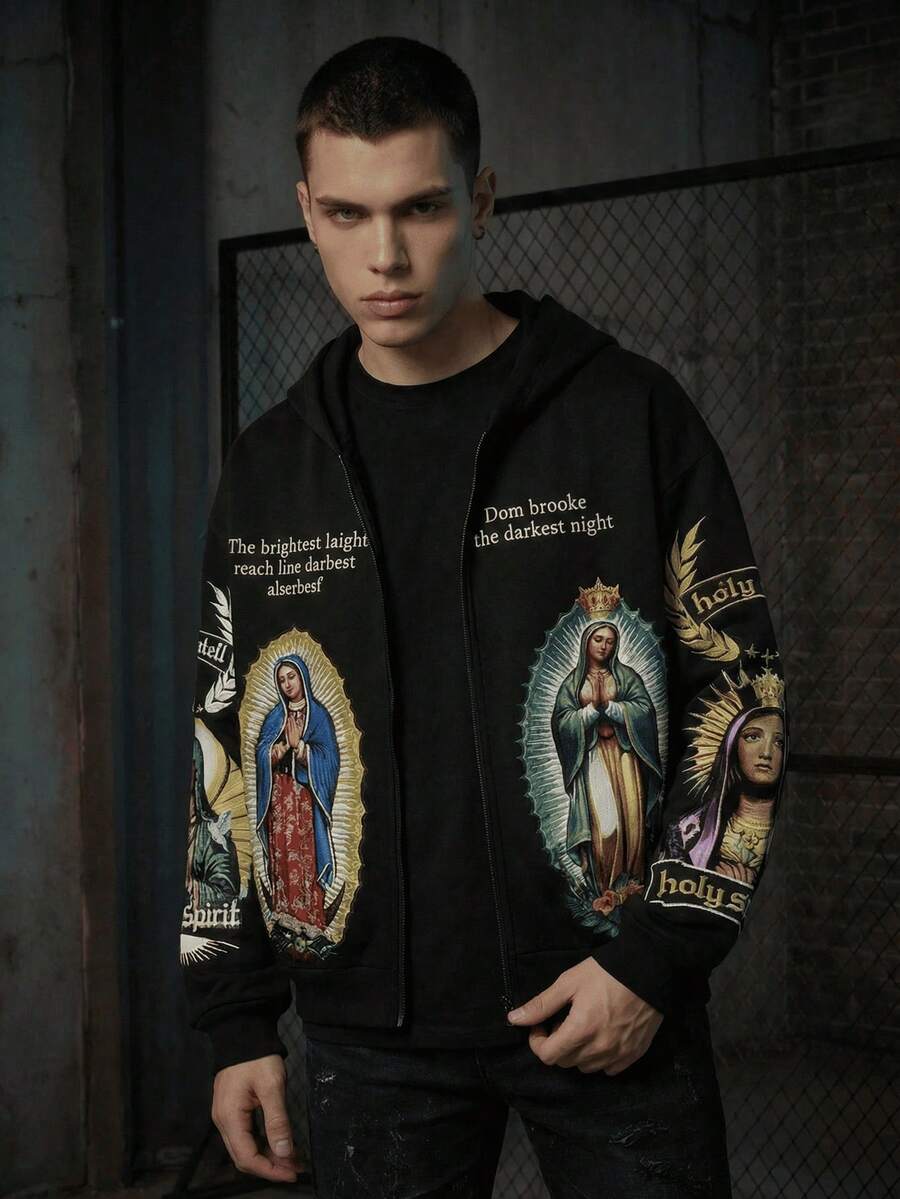 Mens Fashion Versatile Zip Up Hoodie With Virgin Mary Graphic And Letter Print Design Stylish Outerwear Perfect Gift Choice For Loved Ones Family And Friends, Back To School Outfits,Graduation,Teacher Outfits For Women,Back To School - 黑色 - 查看 1