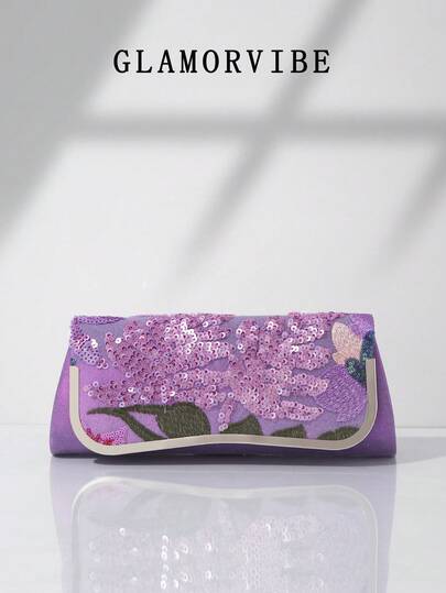 1 pieza Embrague de noche con bordado de lentejuelas con estampado floral, Bolso de mano con solapa bordada con flores vintage, Cartera de moda de mujer con parches de lentejuelas, Bolso para vestido de fiesta, con patrón de recorte aleatorio, con cadena de metal, adecuado para fiesta, boda, baile de graduación, combinación con vestido formal, regalo de vacaciones y combinación con atuendo de lentejuelas