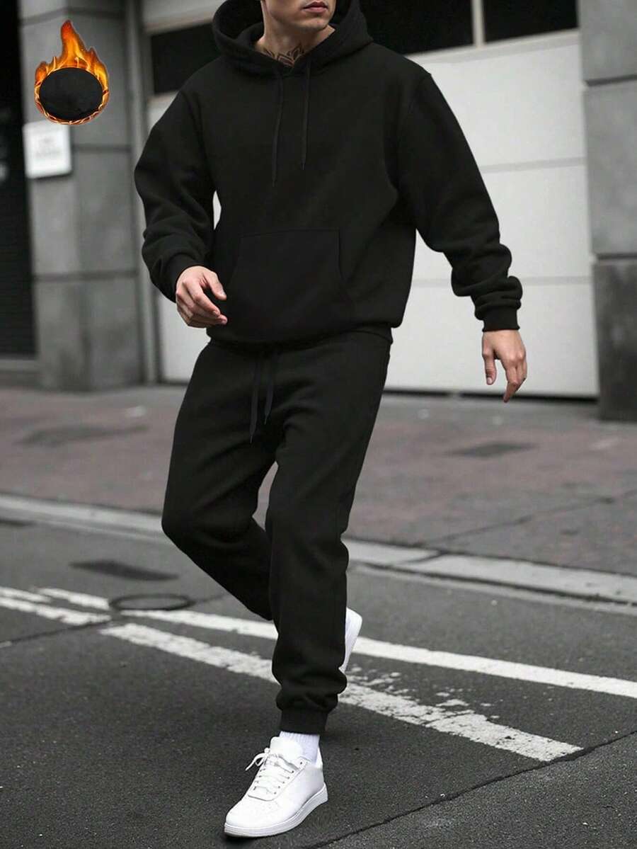 2pcs/Set Men Casual Drawstring Pocket Hoodie And Drawstring Sports Pants Suit - Black - View 1