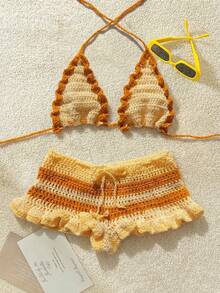 女士休闲可爱镂空露背针织短款上衣和裤子套装，时尚条纹纹理波西米亚风比基尼海滩街头装，波西米亚海滩度假约会派对沙滩装 - 黃色 - 查看 9
