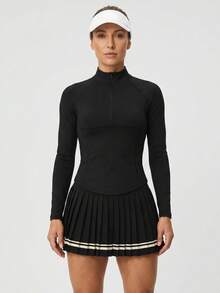 Never me Áo thun dài tay ôm dáng chuyên nghiệp dành cho nữ, cổ cao, khóa kéo nửa thân, áo thể thao tennis, trang phục thường ngày thoải mái. - màu đen - Xem 5