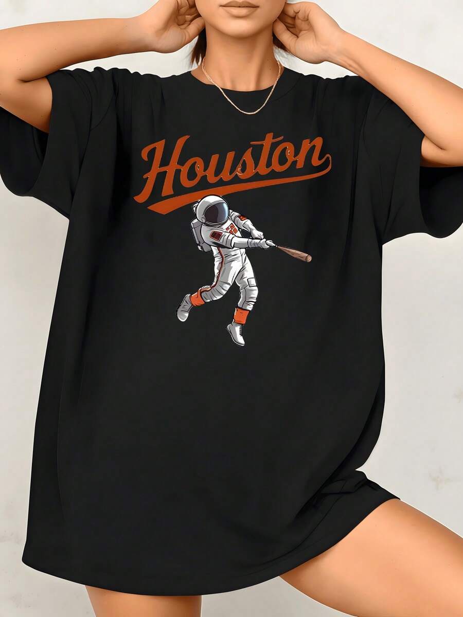 Astronauta jugando béisbol simboliza la valentía de explorar lo desconocido y la pasión por superar límites camiseta de mujer blanca casual con gráfica moderna 220g - Negro - Ver 1