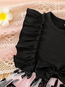 女婴夏季短袖蝴蝶结撞色网纱时尚连衣裙 - 彩色 - 查看 8