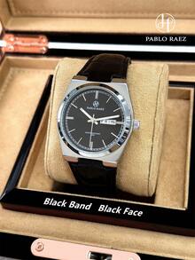 Pablo Raez 1pc Original Men's Watch Charming Stainless Steel Man Wristwatch Fashion Business Calendar & Week Display Luxury Famous Brand New AAA Quality Functional Watches Black Leather Bracelet - 銀色 - 查看 14