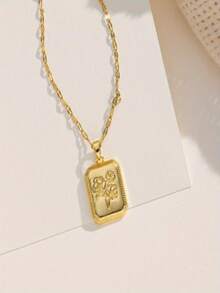 1pc Gold Stainless Steel Chain Necklace With Engraved Square Pendant, Creative Personalized Design, Luxury Retro Unisex Minimalist Fashion Necklace, Suitable For Daily, Commute, Holiday Party Wear (OPP Bag Packaging) - Gold - View 2