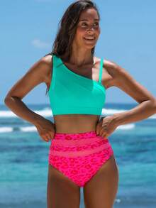 popvil Bikiniset med en axel i färgblock för kvinnor, lämplig för sommarsemester och strandkläder - Grön - Visa 2