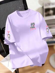 Áo thun ngắn tay cổ tròn in hình mèo hoạt hình và trái tim dành cho nữ tuổi teen, chất liệu mềm mại, thoải mái cho mùa hè. - Màu tím hoa cà - Xem 2