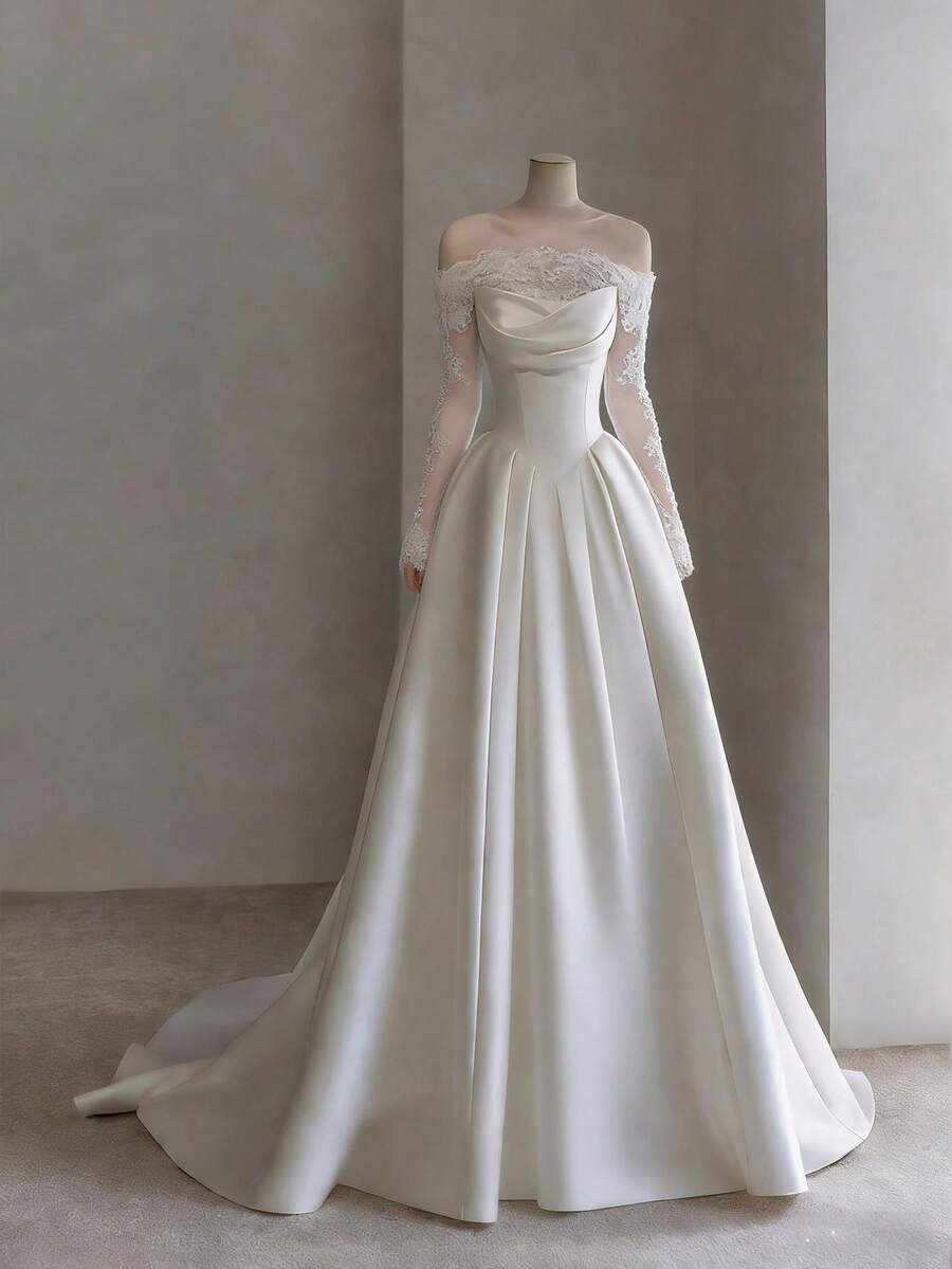 Elegant Boat Neck Wedding Dress With Exposed Shoulder Long Sleeves And Open Back In Satin – Sophisticated Floor-Length A-Line Gown Featuring A Graceful Wide Neckline, Full-Length Sleeves With Shoulder Cutout, Daring Rear Cutout, And Lustrous Satin Silhouette, Perfect For Weddings, Christmas Galas, Halloween Balls, Formal Dances, Birthday Celebrations, And Special Evening Events. A Versatile Choice For Wedding Receptions, Holiday Parties, Anniversary Dinners, Luxury Getaways, Black-Tie Occasions, Cocktail Gatherings, Bridal Showers, Wedding Guest Attire, Graduation Formals, Homecoming Events, And As A Timeless Bridesmaid Or Festive Evening Gown. - 白色 - 查看 1