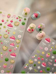 1pc Cute Mushroom Green Apple Strawberry Cartoon Jelly Fruit Star Bow Nail Art Stickers 5D Whimsical Kawaii Nail Decals Self-Adhesive Manicure Accents For Girls - Multicolor - View 9
