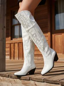 Vintage Womens Thigh High Cowgirl Boots Wide Calf Snip Toe Embroidered Western Cowgirl Boots For Women Retro Wedding Dressy Rodeo Summer Riding Boot - 白色 - 查看 2