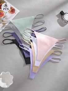 Set de 8 piezas de bragas tipo tanga de unicolor, sin costuras y de talle bajo, ropa interior cómoda y sexy para mujeres - Multicolor - Ver 3