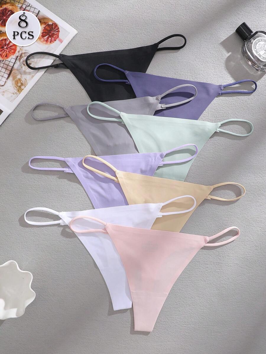Set de 8 piezas de bragas tipo tanga de unicolor, sin costuras y de talle bajo, ropa interior cómoda y sexy para mujeres - Multicolor - Ver 1