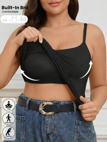 Plus Solid Built-In Bra Sports Cami Top Black - Black - View 2