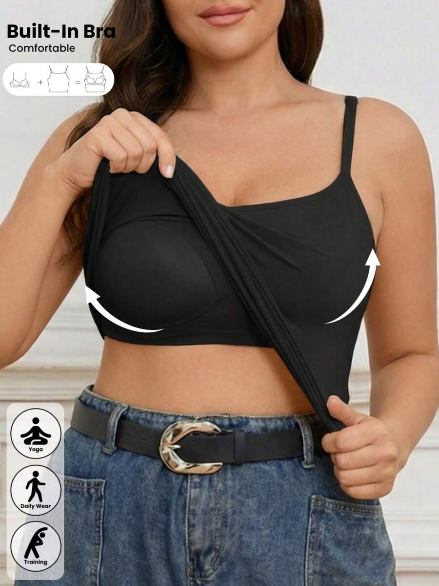 Plus Solid Built-In Bra Sports Cami Top Black