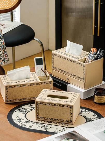 DearDali 1pc 25cm Large Capacity Multi-Compartment Leather Tissue Box - Luxury Retro Style, Beige Base With Black Floral Pattern, Square Shape With Pen Holder Slot, Tissue & Stationery Storage, Lightweight & Portable, Decor For Living Room, Entryway, Desk, Office, Study, Suitable For All Seasons, Gift & Home Decor