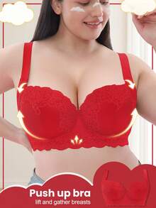 Plus Size Lace Floral Underwire Bra - Comfortable Wide Straps, Full Coverage Design, Delicate Lace Details, Sexy & Elegant, Shaping - Red - View 2