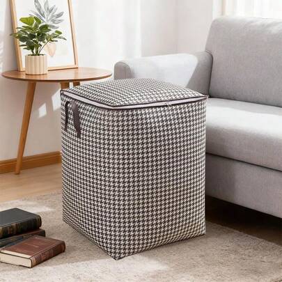 1个千鸟格纹可折叠肩带收纳袋 - 防水拉链整理袋，适用于衣物、毯子和旅行必备品，无纺布材质，黑白设计，可收纳于衣柜和床底