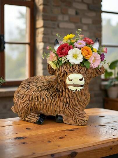 1个高地牛雕像装饰花瓶，实用又美观的家居装饰品，树脂材质，可插小花束、放置钢笔、化妆刷等，适合摆放在桌面、阳台、办公室、花园等场所，兼具花瓶和收纳功能，是馈赠佳品。