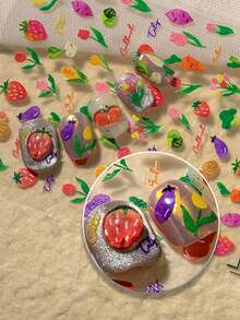 1 Sheet Farmhouse Style Nail Art Stickers, Featuring Strawberry, Cherry, Carrot, Eggplant, Mushroom, Broccoli, Tulip And Small Flowers, Fresh And Cute Style, Full Of Playfulness And Vitality, Suitable For Spring And Summer Nails - Multicolor - View 2