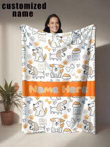 1pc Customized Fleece Blanket For Dog Lovers, Personalized With Name/Nickname, Minimalist Line Art Style, White Base With Soft Gray, Warm Orange, Light Blue, Featuring Cute Puppies, Paw Prints, Bones, Dog Bowls, Vibrant & Fresh, Machine Washable - Multicolor - View 14