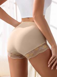 女士舒适高弹力内裤，蕾丝印花设计收腹塑身内衣 - 杏色 - 查看 2