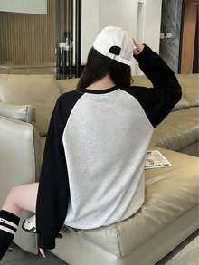 女士宽松圆领撞色套头卫衣，休闲长袖上衣，秋冬春季 - 灰色 - 查看 3
