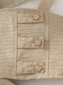 Conjunto de 2 piezas para niñas jóvenes: top camisola de verano con decoración de botones metálicos en forma de rosa + falda pantalón con bolsillo asimétrico, ideal para vacaciones - Caqui - Ver 7