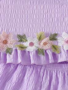 Baby Girls' Cute Solid Color Round Neck Sleeveless Ruffle Hem 3D Floral Top And Ruffle Hem Shorts 2 Piece Outfit, Suitable For Daily Outings In Spring/Summer - Purple - View 5