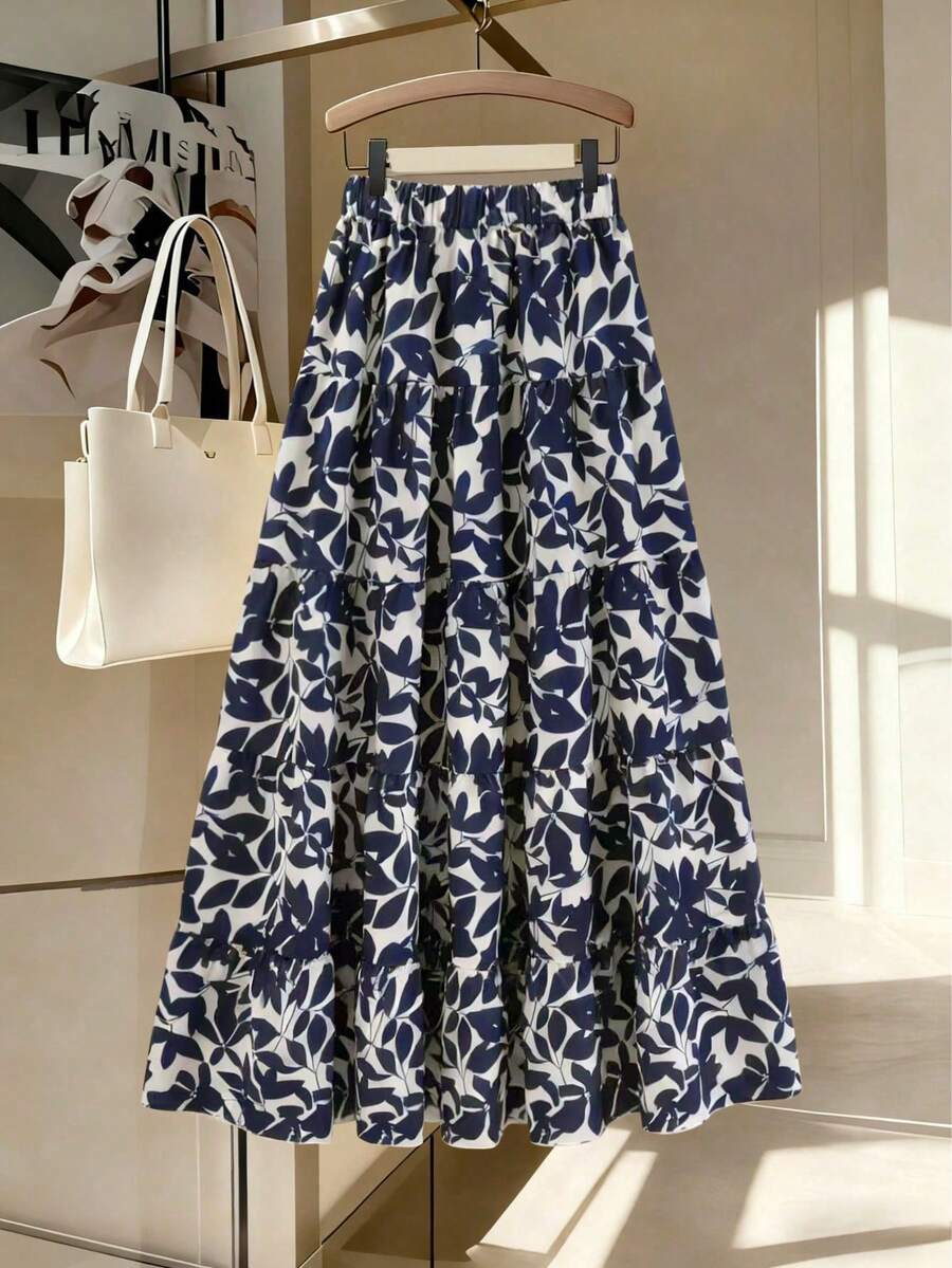 EARO Women's Fashion Long Dress, Leaf Print, Non-Stretch Fabric, Suitable For Casual Wear, Stylish And Elegant - Navy Blue - View 1