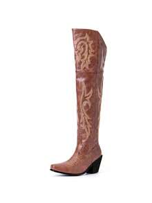 VIntage Womens Thigh High Cowgirl Boots Wide Calf Snip Toe Embroidery Western Cowgirl Boots For Women Side Zipper Y2K Style Chunky Heel Retro Party Country Wedding Dressy Concert Bohemian Outdoor Rodeo Fashion Spring Summer Riding Boot Brown Boots - 棕色 - 查看 7