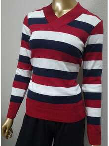 Women's Striped Sweater Blouse | Women's Long-Sleeved Striped Blouse | Striped V-Neck Blouse - 紅色/藏青色 - 查看 6