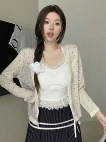 女士波点V领长袖针织罩衫，轻薄透气，休闲甜美，春夏款 - 杏色 - 查看 2