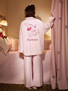 2pcs Disney Magic Mickey Mouse Print Cotton Pajama Set, Long Sleeve, Pink, Couple Sleepwear, Spring/Autumn - Pink - View 2