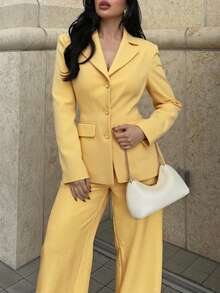 女士优雅修身单排扣浅黄色西装外套，适合通勤、外出、度假、派对和街头摄影等场合，春季必备。 - 黃色 - 查看 5