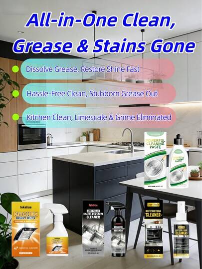 JUE FISH Juego de limpieza integral de cocina, 4 productos especializados que cubren las necesidades de limpieza integral de la cocina, fácil de abordar diversos problemas de grasa y manchas. Agentes de limpieza de cocina adecuados para estufa, fregadero y otras áreas clave