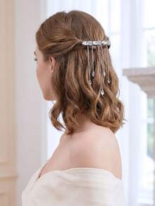 1pc Shiny Silver Rhinestone Tassel Hair Clip, Minimalist Dynamic Duck Clip Headpiece, Suitable For Bride, Wedding, Graduation, Holiday, Carnival Party, Casual Daily Wear - Silver - View 8