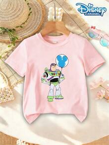 Disney Girls' T-Shirt Top With Buzz Lightyear And Mickey Mouse Balloon Print, Cute And Casual, Perfect For Summer Outings, Round Neck, Short Sleeves. - 淺粉色 - 查看 1