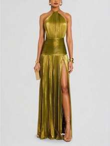 Sleeveless Backless Women's Metallic Pleated Split Strap Neck Dress - 金色 - 查看 1