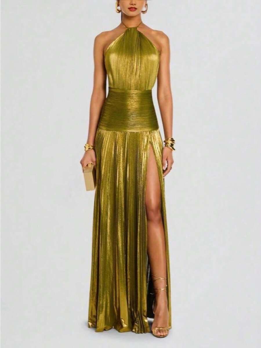 Sleeveless Backless Women's Metallic Pleated Split Strap Neck Dress - 金色 - 查看 1