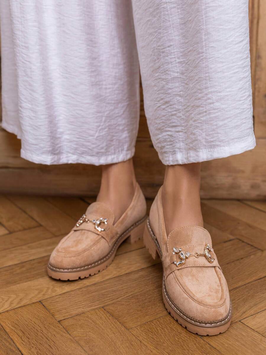 Women's Flat Loafers | Thick Sole Design, Decorated With Chain - Camel - View 1