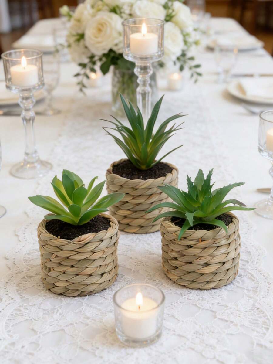 3/5pcs/Set Fake Potted Plants,Small Succulents Plants Artificial With Seagrass Handwoven Planters For Indoor Farmhouse Decorations,Tables Decor,Office,Room,Shelf