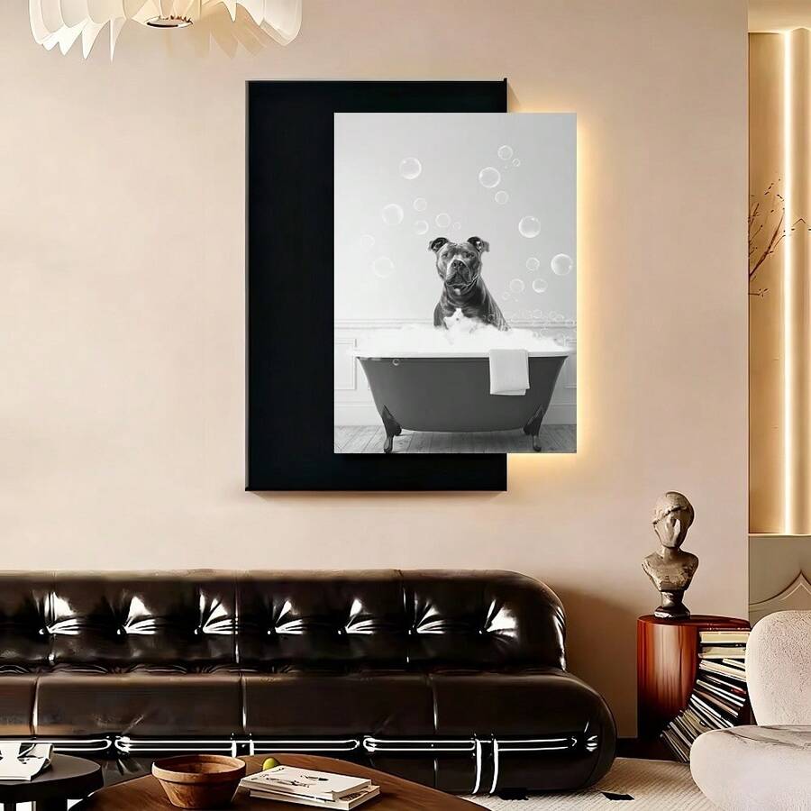 Con marco 1 Pieza de Arte en Lienzo Enmarcado de Pit Bull para Baño - Decoración de Pared Divertida de Perro en la Bañera, Decoración Humorística para Sala y Dormitorio, Regalo Ideal, Decoración para Baño - Enmarcado - Ver 1