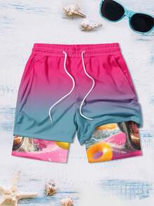 男士渐变印花双层口袋沙滩短裤，度假风 - 彩色 - 查看 4