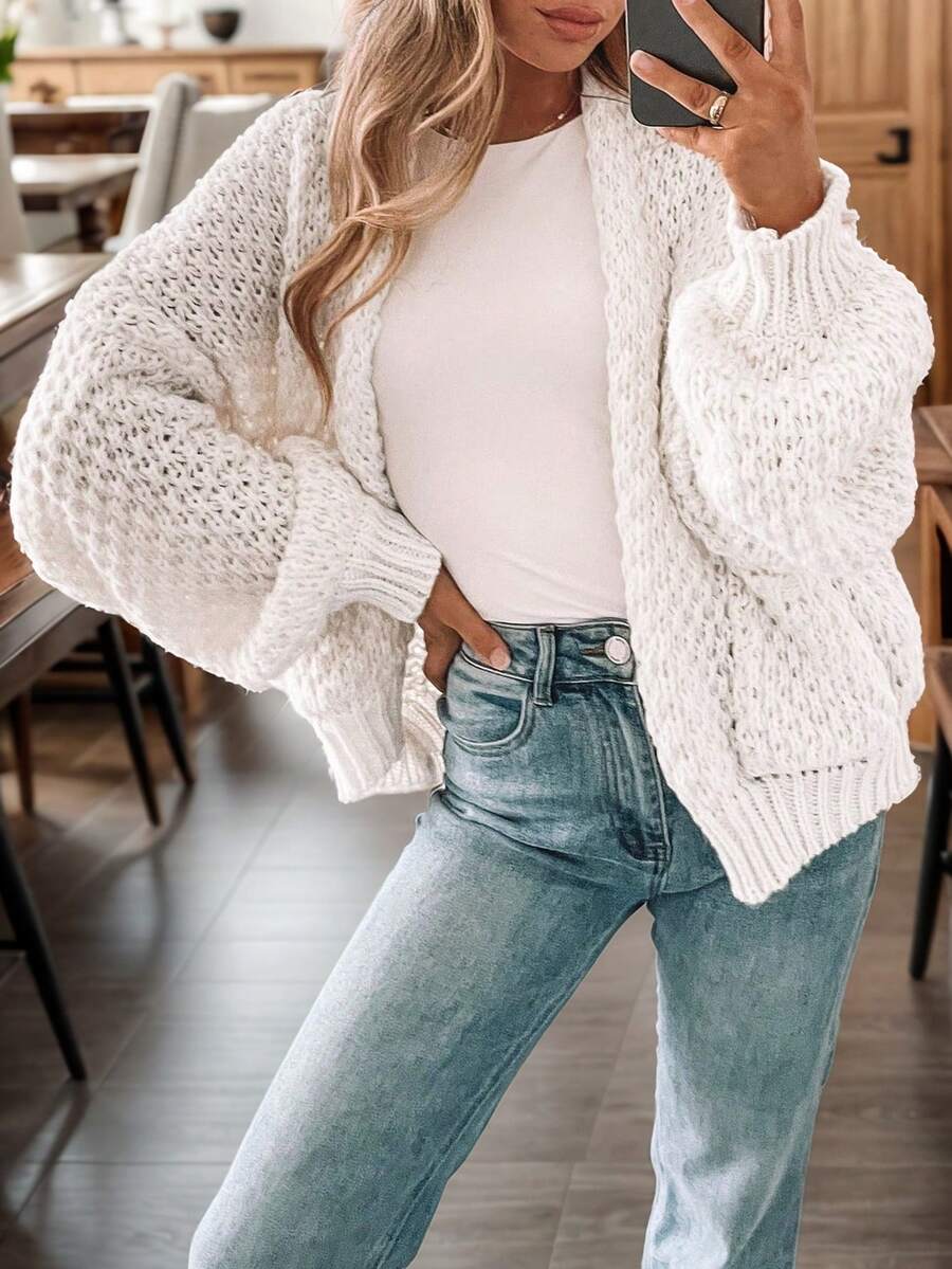 Women's Oversized Cute Crochet Cardigan Casual Lightweight Hollow Out V Neck Open Front Sweater - trắng - Xem 1