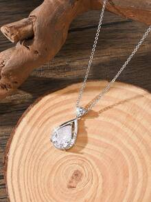 1pc Copper Alloy Zirconia Waterdrop Necklace For Women - Silver - View 2